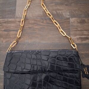 Classic Black Croc-Embossed Shoulder Bag with Gold Chain